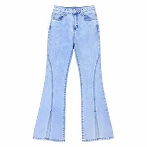 Dazy Womens Medium Light Wash Blue High Rise Split Hem Flare Jeans K-Fashion